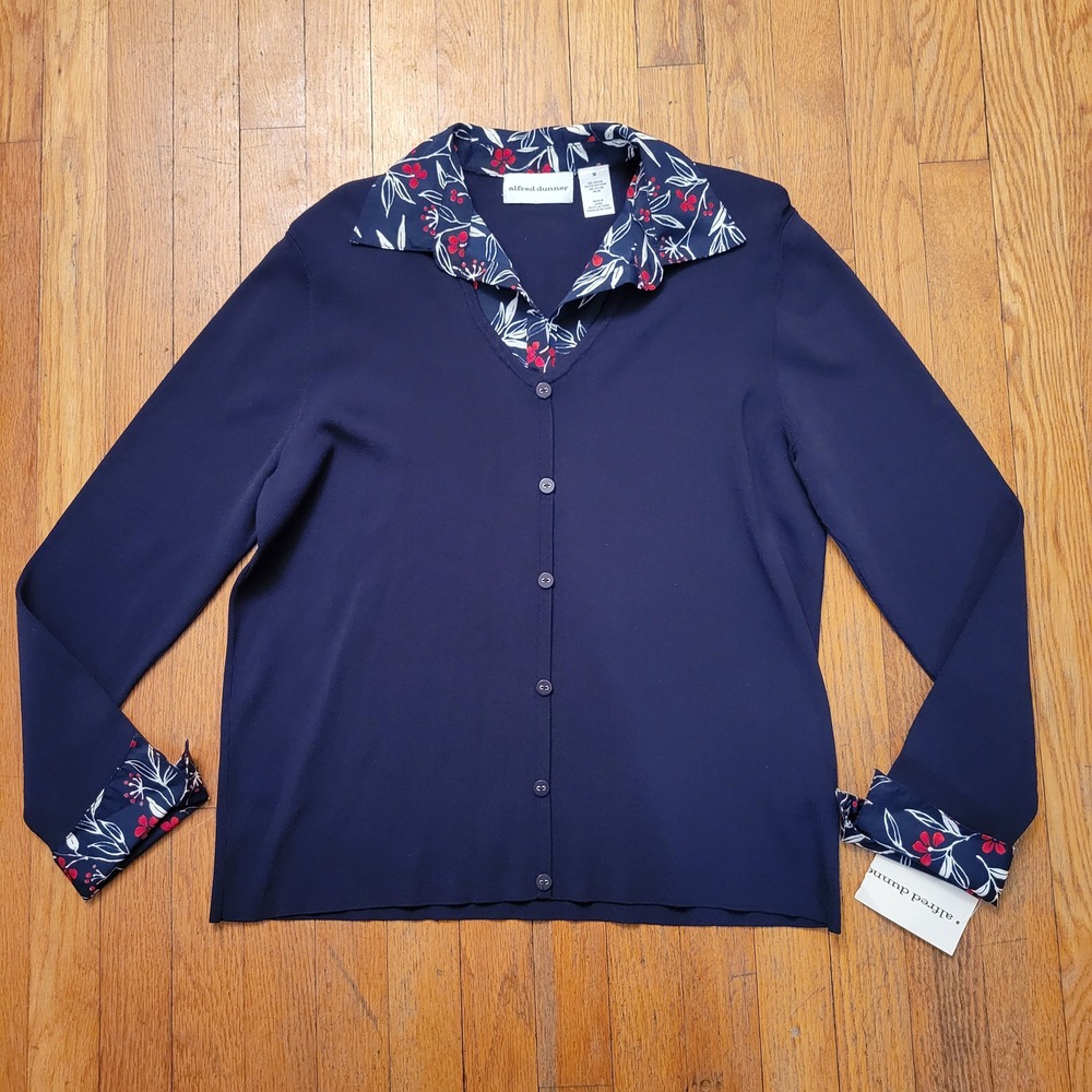 Alfred Dunner Cote DAzur Navy Blue Floral Layered Cardigan Sweater‎ M Grandma